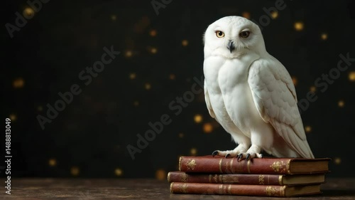 A white owl with books on a dark background.