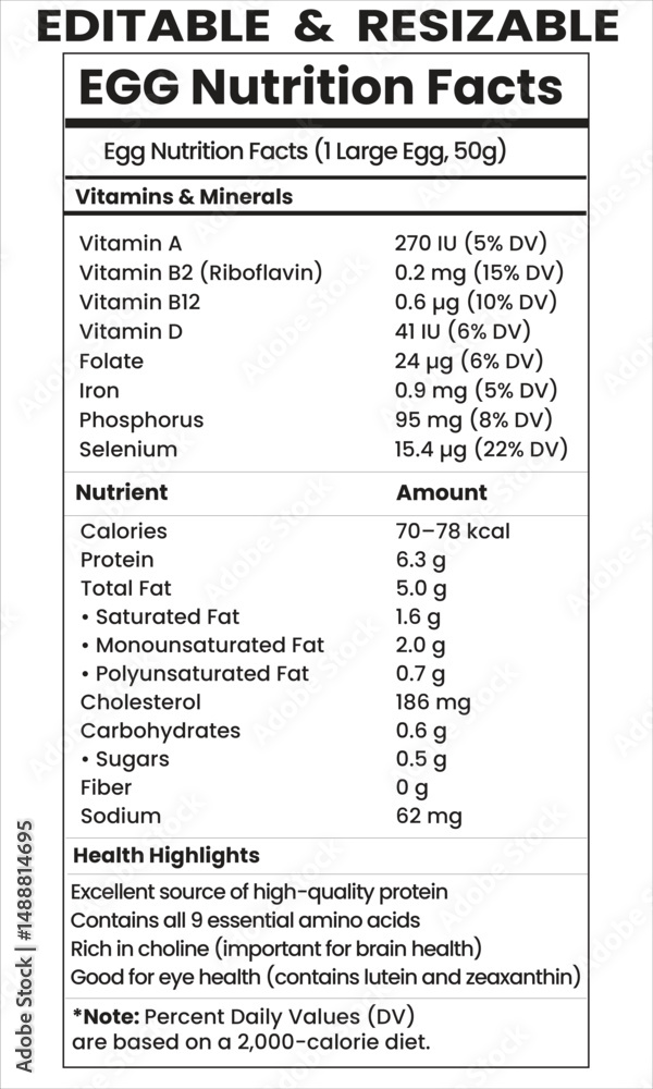 Fototapeta premium egg nutrition facts, food label, supplement facts, egg calorie chart, nutrition info 