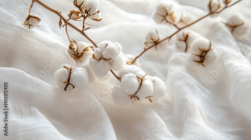 Soft white cotton bolls on delicate fabric surface