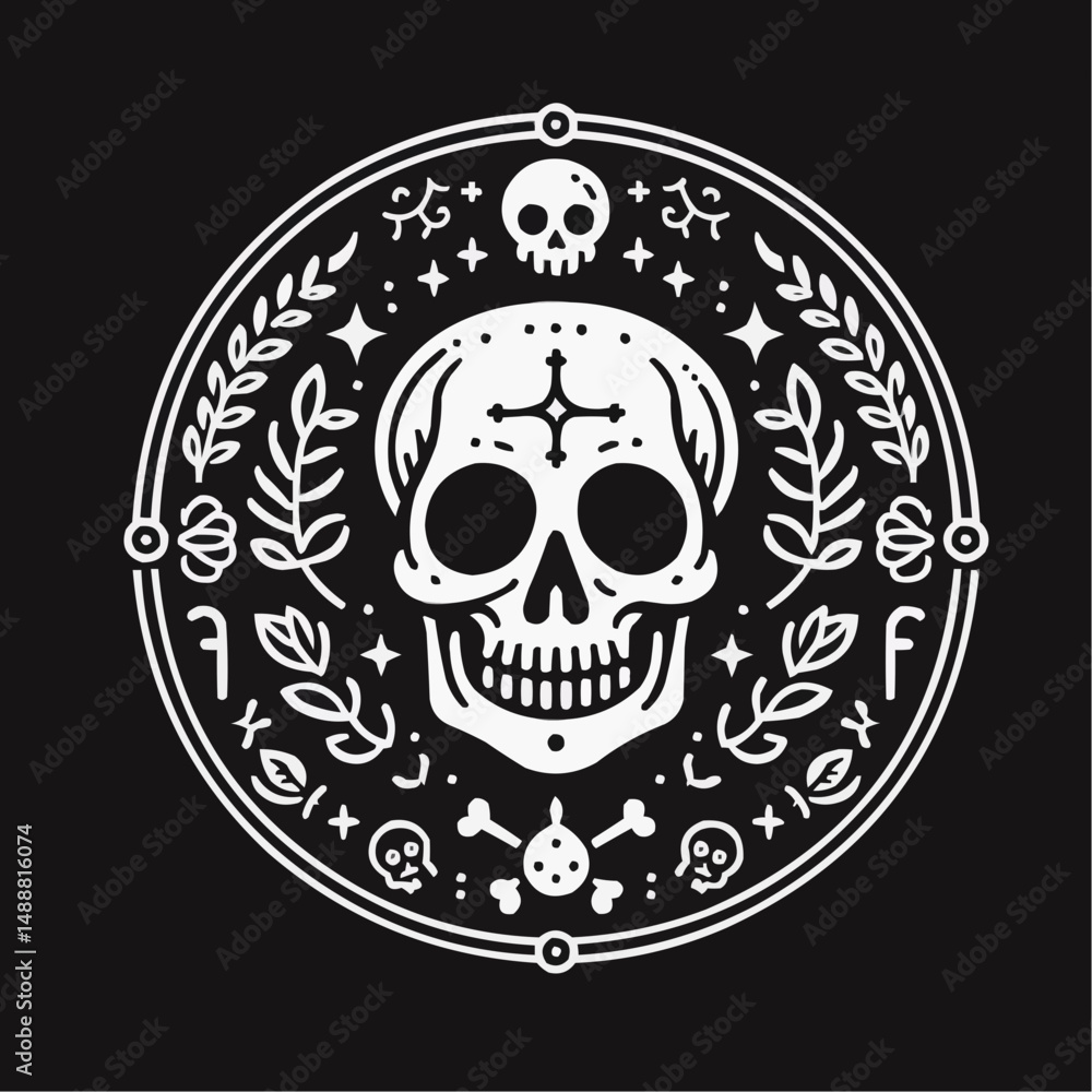 Decorative skull illustration with floral elements on a black background Decorative skull illustration with floral elements on a black background