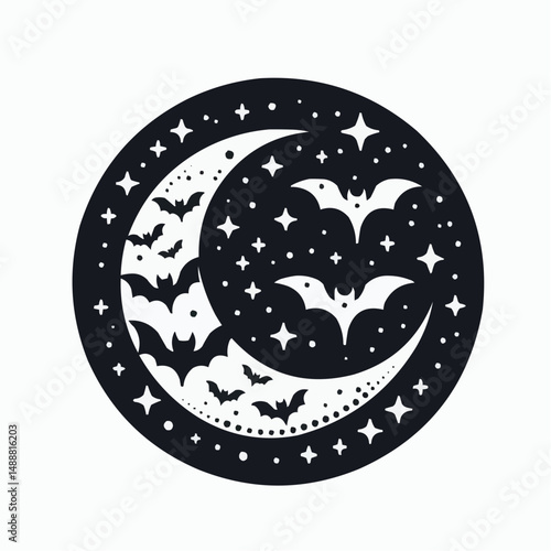 Stylized moon and bats illustration with stars in a whimsical design
