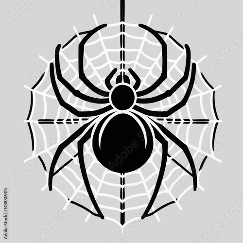 Black spider on web in minimalist style with gray background
