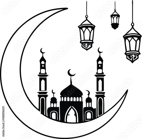 Islamic Mosque And Crescent Silhouette Vector ,silhouette of mosque