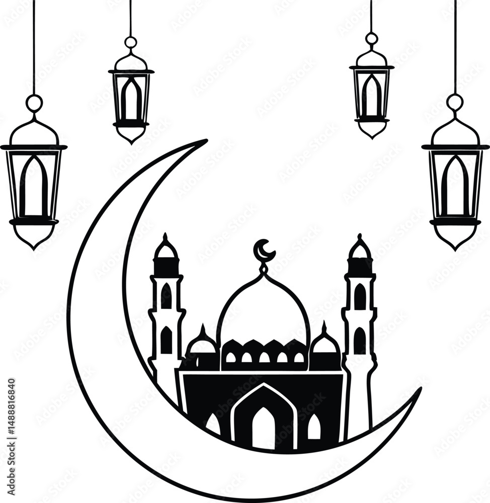 Fototapeta premium Islamic Mosque And Crescent Silhouette Vector ,set of vector icons