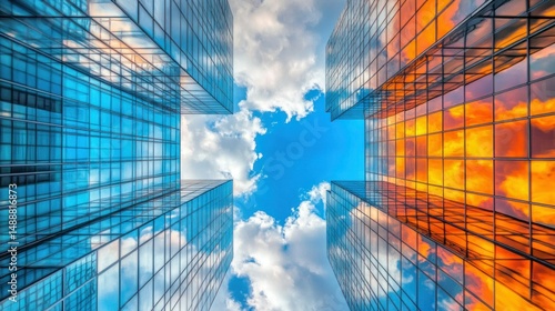 Low angle view of modern skyscrapers reflecting a vibrant sky