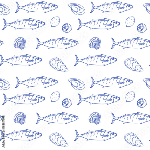 Vector seamless pattern with hand drawn fish, oysters, clams, lemons, seashells. Summer marine food sketch texture for textile, apparel, wrapping paper, kitchen decor. Nautical seafood background