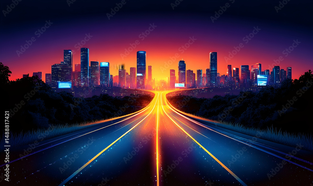 Fototapeta premium Highway leading to a distant city skyline at sunset. Golden glow, blue road, silhouette. Vibrant colors and atmosphere