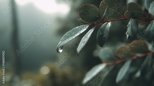 Fototapeta Naklejka Na Ścianę i Meble -  Delicate morning dewdrop on a misty forest leaf.