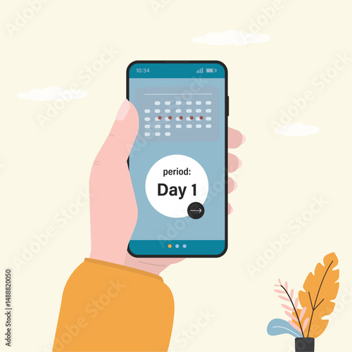 Woman user checks smartphone calendar app. Mobile phone with application for monitoring menstrual cycles, natural rhythm of periods. Women periods PMS problem.