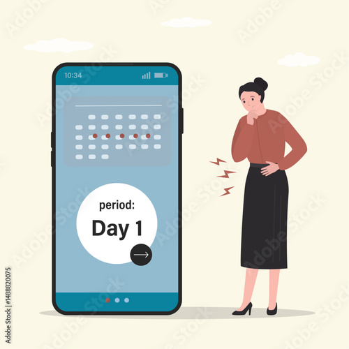 Unhappy woman experiences period cramps on the first day of her cycle as she checks smartphone calendar. Menstrual cycles, natural rhythm of periods. Women periods PMS problem.