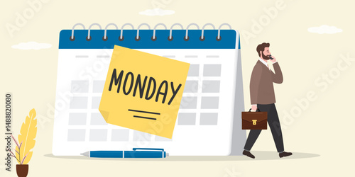 Start new work week. Monday, routine office work, power and confident worker walking at work. Monday morning, happy male employee going to work from calendar showing Monday.