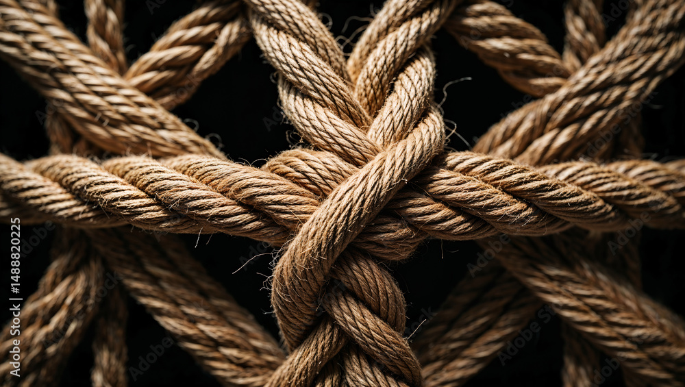 Close-Up of Thick Braided Natural Ropes on Dark Background – Strong Rope Texture for Marine, Nautical, Outdoor, Climbing and Survival Themes, Useful as Background, Pattern or Design Element Close-Up of Thick Braided Natural Ropes on Dark Background – Strong Rope Texture for Marine, Nautical, Outdoor, Climbing and Survival Themes, Useful as Background, Pattern or Design Element