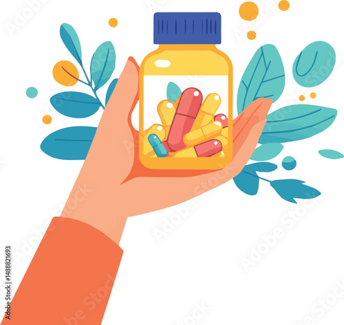 Flat Vector Illustration of medicine pills, bottle.green background