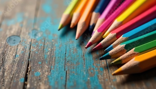 Vibrant colored pencils scattered on wood table, background, design