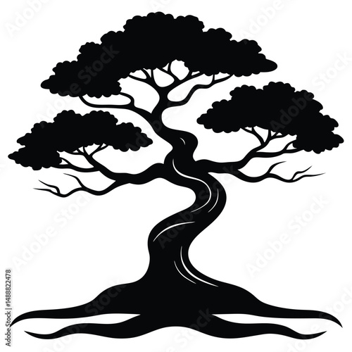 Elegant Twisted Silhouette Tree Stylized Black Tree Illustration with Visible Roots