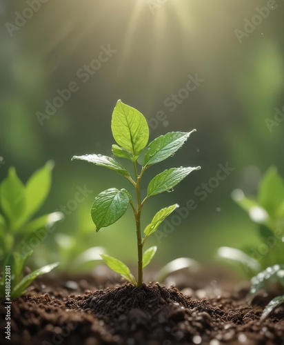Tiny seedling reaching for sunlight, dew drops glistening on leaves, soft focus background, vibrant, dew