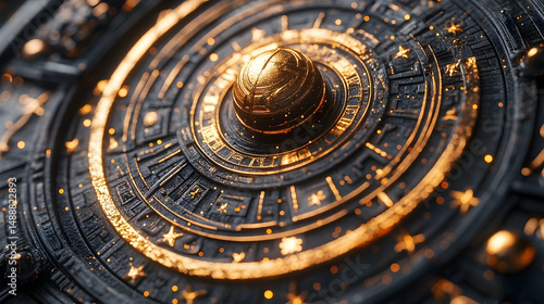 Wallpaper Mural Intricate, dark, textured celestial mechanism with gold accents and radial design focusing on central spherical element Torontodigital.ca