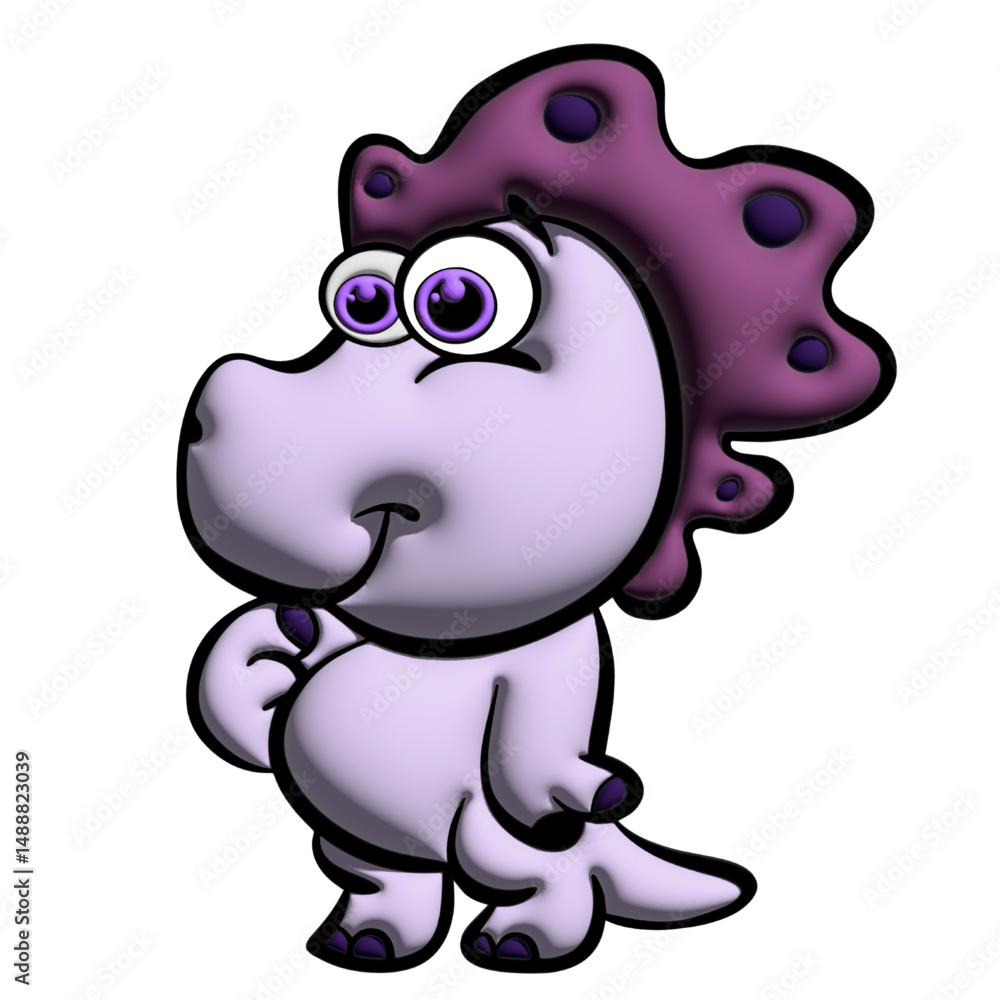 Fototapeta premium Baby Dinosaur Cartoon with Purple Frill and Big Eyes
