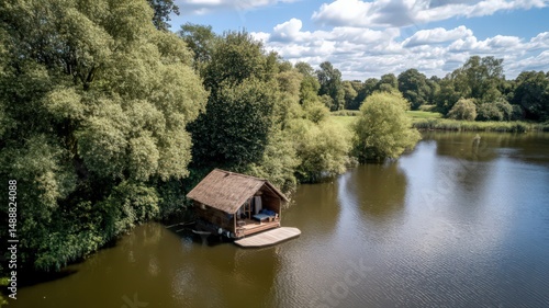 Floating House on Tranquil Lake Surrounded by Lush Greenery