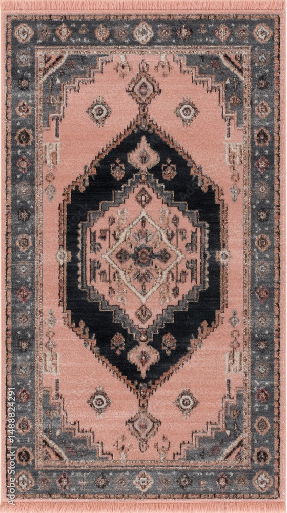 A beautiful intricate rug with a black and pink color scheme. The rug has a vintage and traditional design. It would add a touch of elegance to any room in the house. A beautiful intricate rug with a black and pink color scheme. The rug has a vintage and traditional design. It would add a touch of elegance to any room in the house.