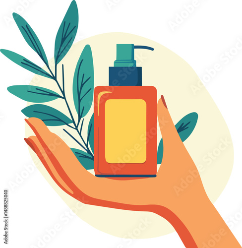 Hand Holding Soap Dispenser Bottle with Botanical Leaves – Skincare Product Vector Illustration
