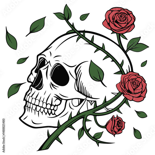 Skull Partially Covered in Rose Vines and Thorny Stems