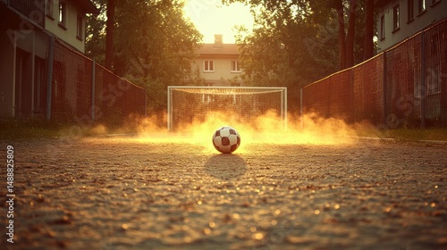 Soccer ball on dusty ground at sunset
