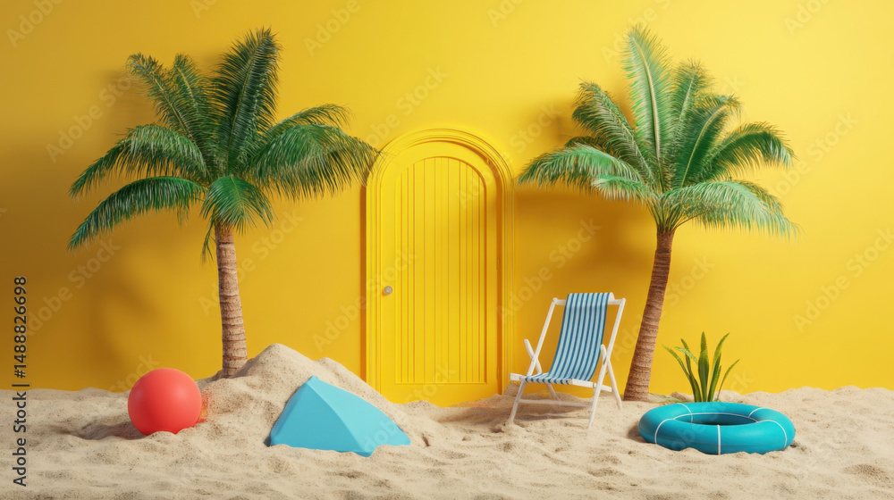 Obraz premium Sunny Escape: 3D Yellow Door with Beach Scene and Summer Essentials