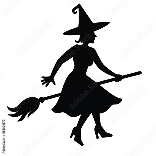 Silhouette of a Witch on a Broomstick Wearing Heeled Shoes and Pointed Hat