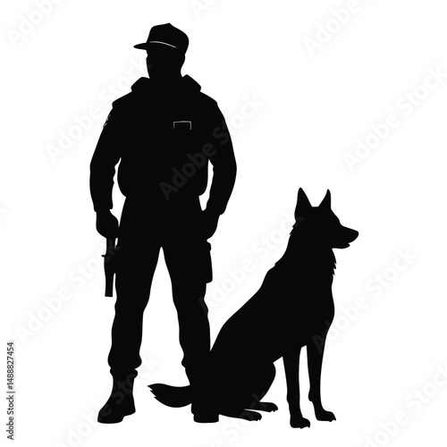 Silhouette of Police Officer with K9 Unit Dog Sitting Beside Him