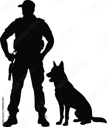 Silhouetted Security Officer with K9 Companion, Guard Dog Sitting Attentively Beside Law Enforcement