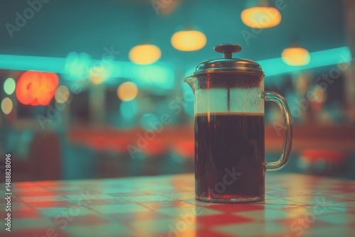 Retro diner scene featuring a coffee french press.