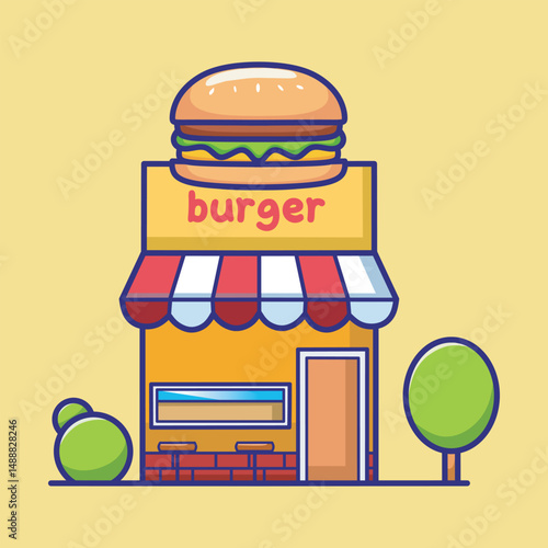 Vector illustration of a burger fast food restaurant in cute cartoon style. Colorful and fun design with a big burger sign, ideal for children’s projects or games.