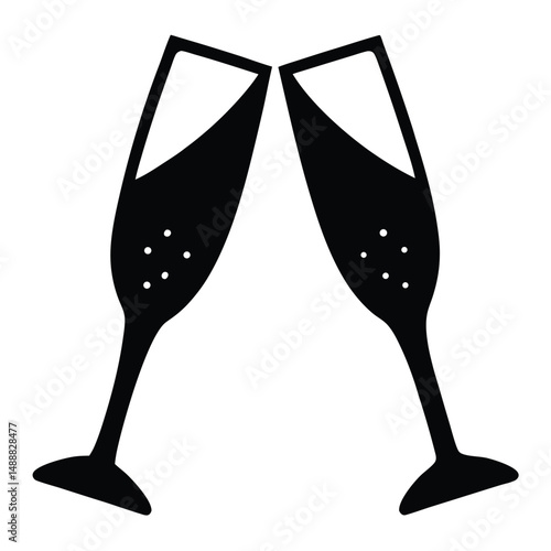 Two Filled Champagne Flutes Clinking Together in Celebration, Isolated Black and White Style