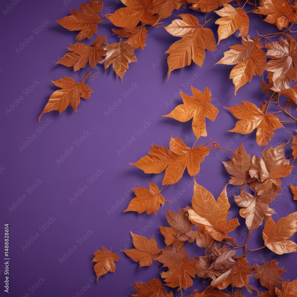 Dried orange metallic leaves, violet backdrop Intricate autumnal design , violet, art, metallic Dried orange metallic leaves, violet backdrop Intricate autumnal design , violet, art, metallic