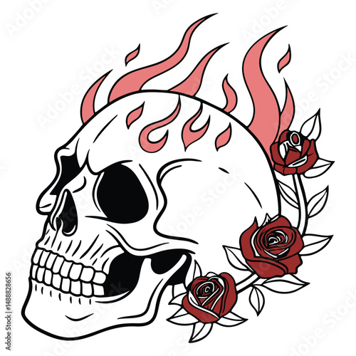 Skull with Flaming Top and Rose Petals Mixed with Fire
