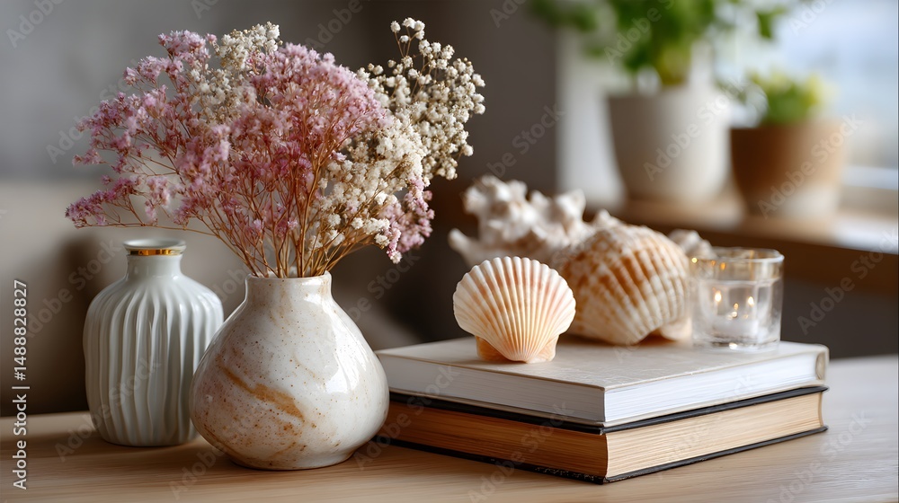 Obraz premium Still life featuring delicate flowers in vases, seashells, a small candle, and books arranged on a wooden table surface.