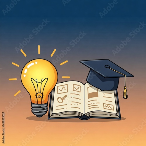 Educational Symbols Illustration – Lightbulb, Open Book and Graduation Hat