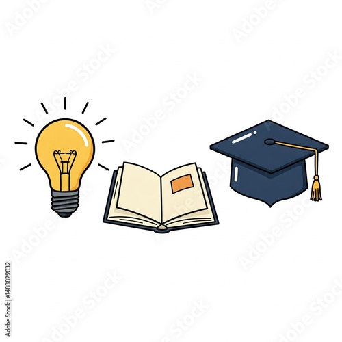 Idea and Education Concept – Lamp, Book and Graduate Cap Icon Illustration