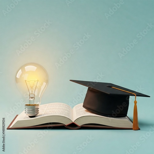 Educational Symbols Illustration – Lightbulb, Open Book and Graduation Hat