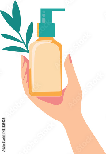 Hand Holding Liquid Soap Dispenser Bottle – Modern Skincare Product Illustration,yellow,green