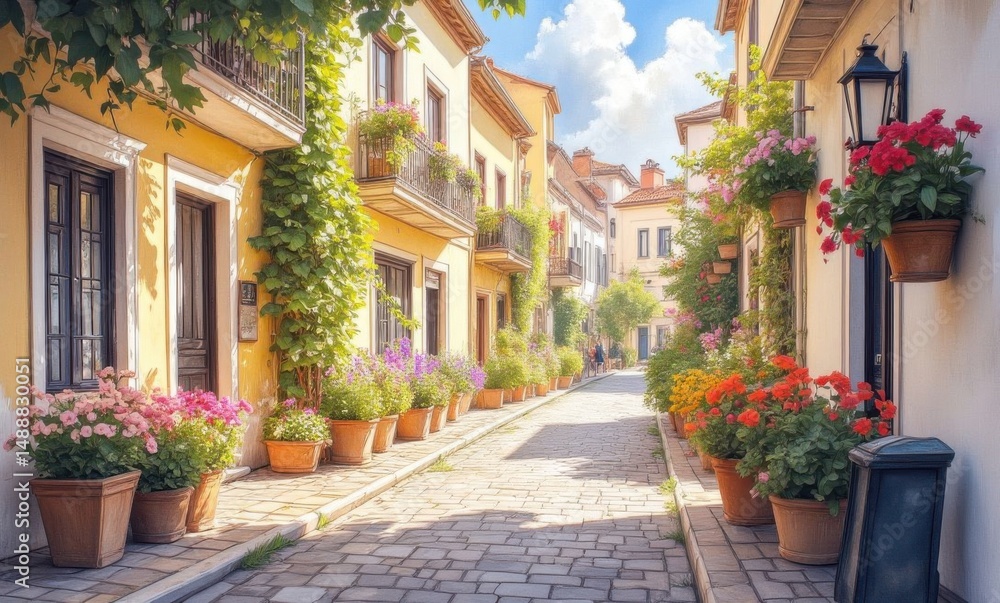 Charming street lined with colorful flowers and vibrant homes basking in sunlight. Charming street lined with colorful flowers and vibrant homes basking in sunlight.