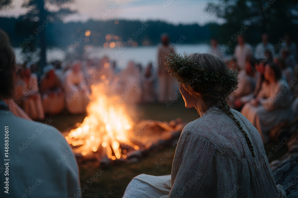 Fototapeta premium People sitting around a Midsummer Bonfire wearing traditional wreaths on their heads. Midsummer celebration concept.