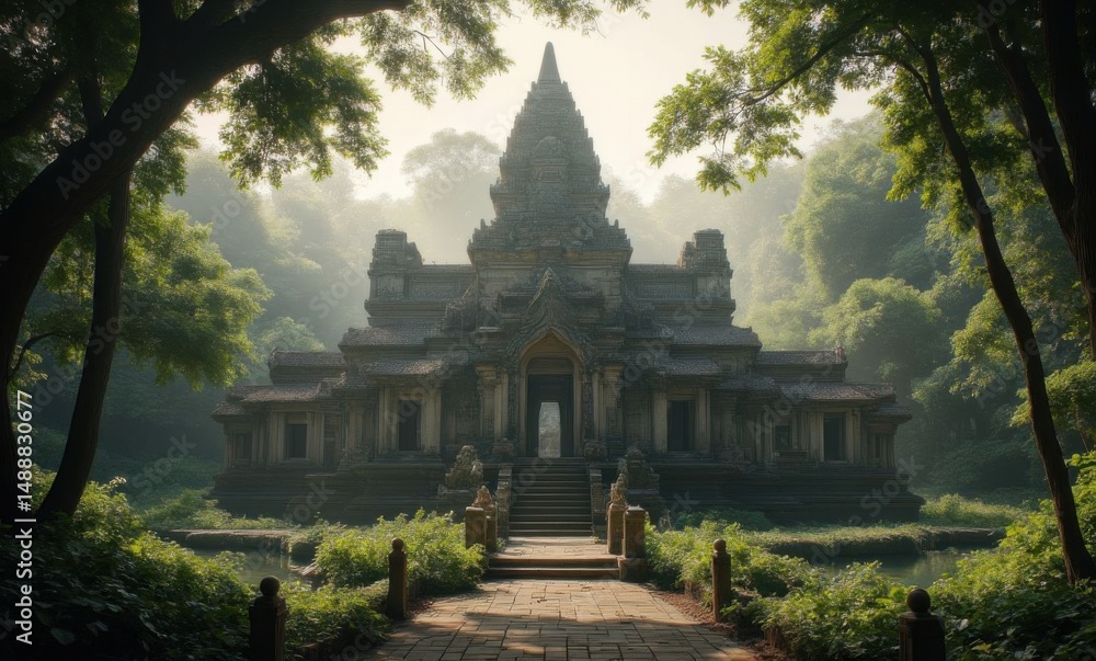Majestic ancient temple surrounded by lush greenery in soft morning light. Majestic ancient temple surrounded by lush greenery in soft morning light.