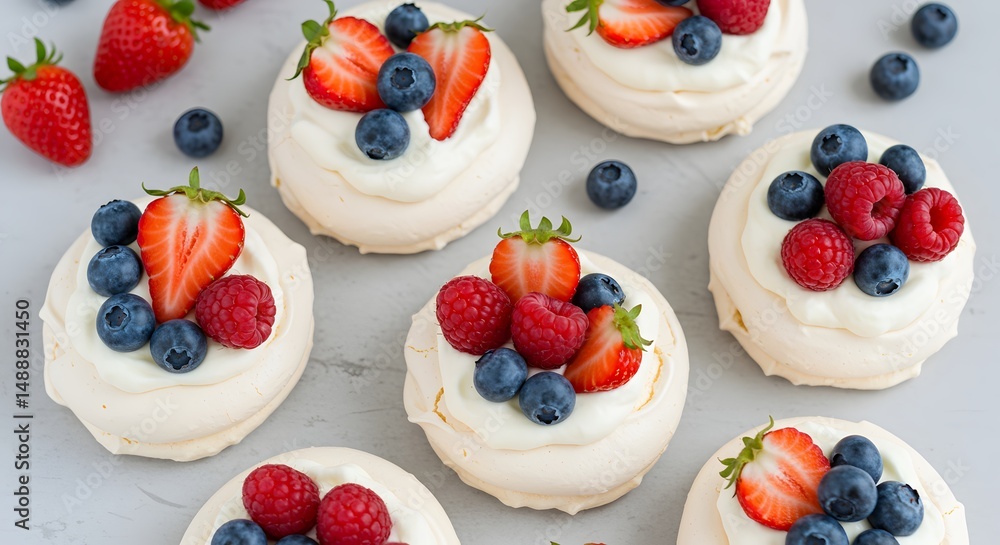 Mini Pavlovas with Whipped Cream and Fresh Berries
Mini Pavlovas with Whipped Cream and Fresh Berries