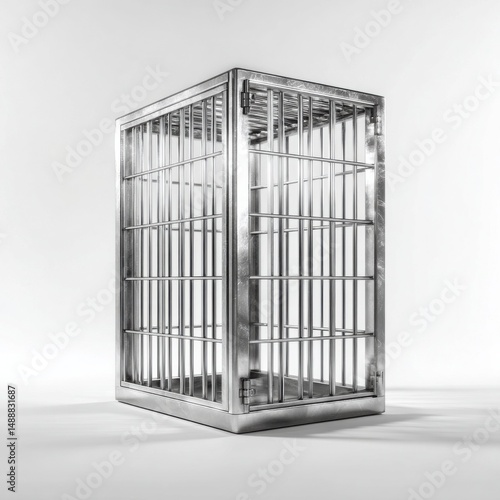 A silver cage, evoking themes of confinement, restriction, and imprisonment, with an array of vertical bars photo