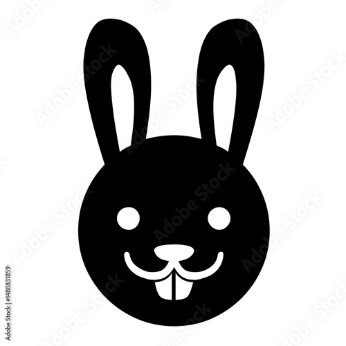 Black Silhouette of Rabbit Head with Long Ears and Buck Teeth. 