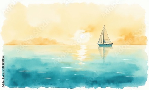 A serene sunset scene featuring a sailboat gliding across tranquil waters.