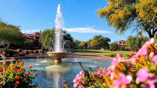 Fototapeta Naklejka Na Ścianę i Meble -  Water fountain gushing in a lush green park