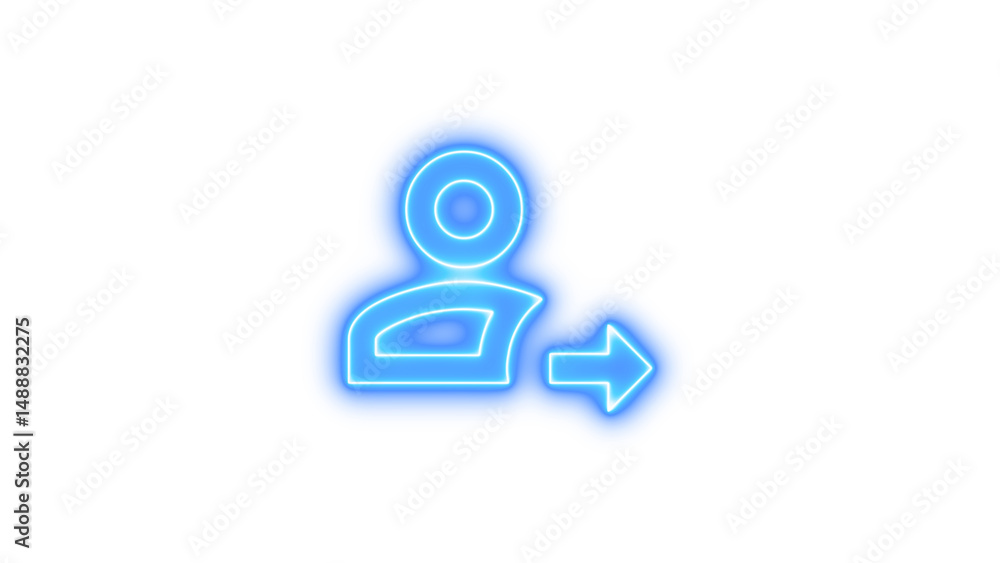 Glowing neon icon of a person with an arrow pointing right, symbolizing user interaction or forwarding Glowing neon icon of a person with an arrow pointing right, symbolizing user interaction or forwarding